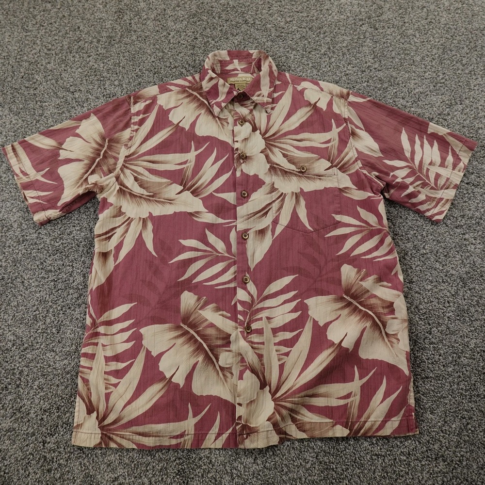 Kona Kai Shirt Mens M Purple Beige Silk‎ Hawaiian Aloha Floral Hibiscus Casual